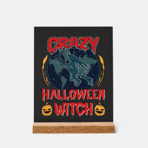 Dolle Halloween Heks Pompoen Vliegende Maan Grieze Acryl Bord