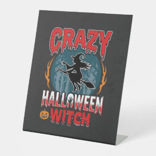 Dolle Halloween Heks Vliegende Bezem Horror Ontwer Reclamebord Met Voetstuk