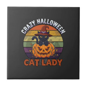 Dolle Halloween Kat Vrouw Zwart Pompoen Heks Hoed Tegeltje