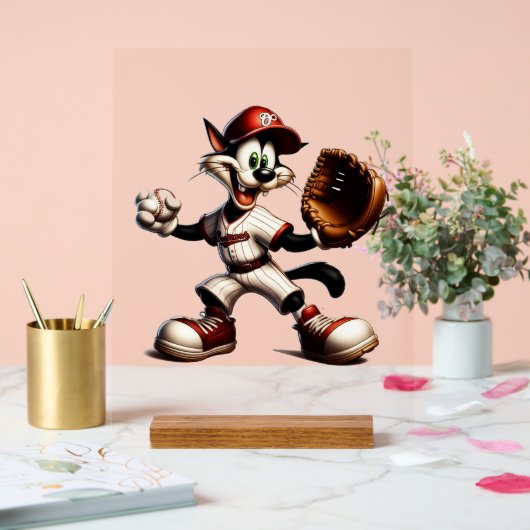 Dolle kat-honkbalpitcher maakt zich op acryl bord (Huwelijk)