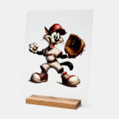 Dolle kat-honkbalpitcher maakt zich op acryl bord (Hoek)