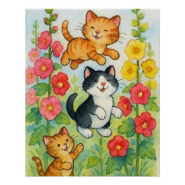 Dolle landkatten in bloementuin perfect poster