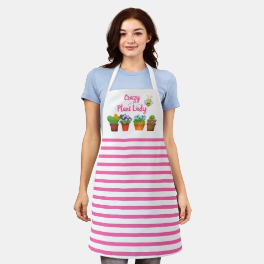 Dolle Plantendame / Roze Streep met Bloempotten Schort (Gedragen)