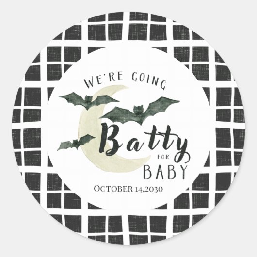 Dolle pret met baby geruite bat en maan baby showe ronde sticker (Voorkant)