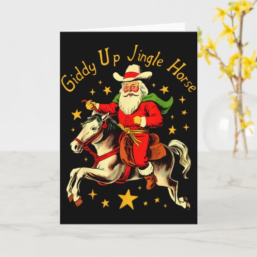 Dolle rit bel paard grappige retro kerstman cowboy kaart (Gele Bloem)