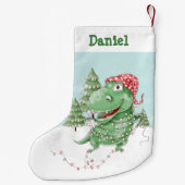 Dolle T Rex-dinosaurus met naam Kerstmis Kleine Kerstsok (Achterkant)