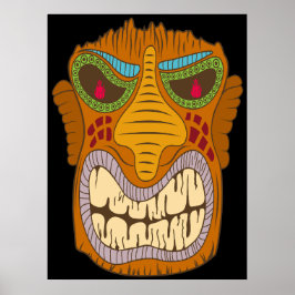 Dolle Tiki Hoofd met Vlammen in Zijn Ogen, Zwart Poster