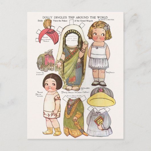 Dolly Dingle's Wereldreis Papieren Poppen Herdruk Briefkaart (Voorkant)