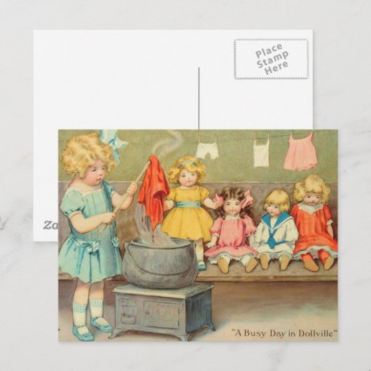 Dolly Wasserij Meisje  Spelen Dolls Schattig Briefkaart (Voorkant / Achterkant)