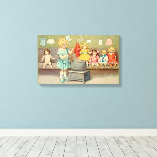 Dolly Wasserij Meisje  Spelen Dolls Schattig Canvas Afdruk (Insitu (Houten vloer))