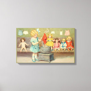Dolly Wasserij Meisje  Spelen Dolls Schattig Canvas Afdruk