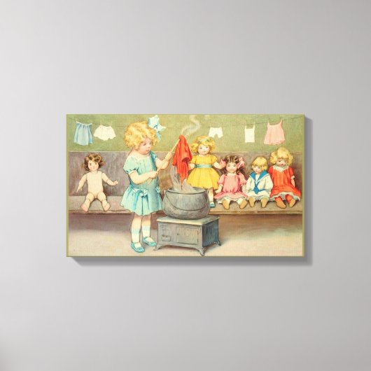 Dolly Wasserij Meisje Spelen Dolls Schattig Canvas Afdruk (Voorkant)