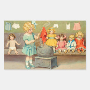 Dolly Wasserij Meisje Spelen Dolls Schattig Rechthoekige Sticker