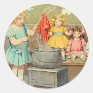 Dolly Wasserij Meisje Spelen Dolls Schattig Ronde Sticker