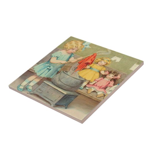 Dolly Wasserij Meisje  Spelen Dolls Schattig Tegeltje (Zijkant)