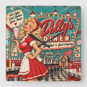 Dolly's Diner Vintage 1950s Americana Retro Pin-Up Vierkante Klok