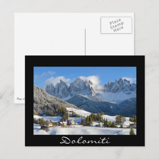 Dolomites, dorpje in de winter, briefkaart zwarte  (Voorkant / Achterkant)