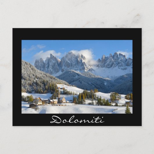 Dolomites, dorpje in de winter, briefkaart zwarte  (Voorkant)