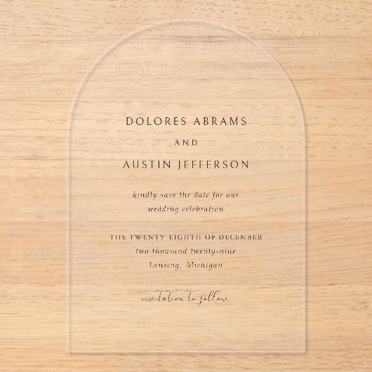 Dolores Classic Elegant Wedding Save the Date Acryl Uitnodigingen (Voorkant)