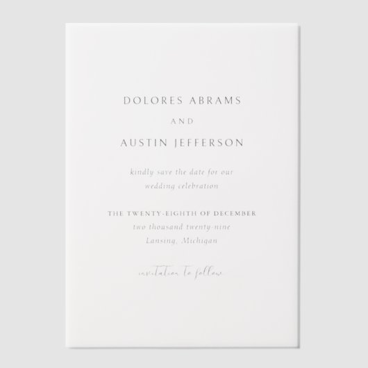 Dolores Classic Elegant Wedding Save the Date Vellum Uitnodigingen (Voorkant)