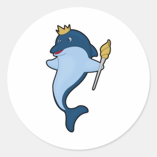 Dolphin als koning met staf en kroon ronde sticker (Voorkant)