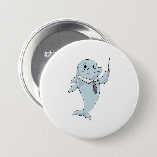 Dolphin als leraar met pointer ronde button 7,6 cm (Voorkant /achterkant)