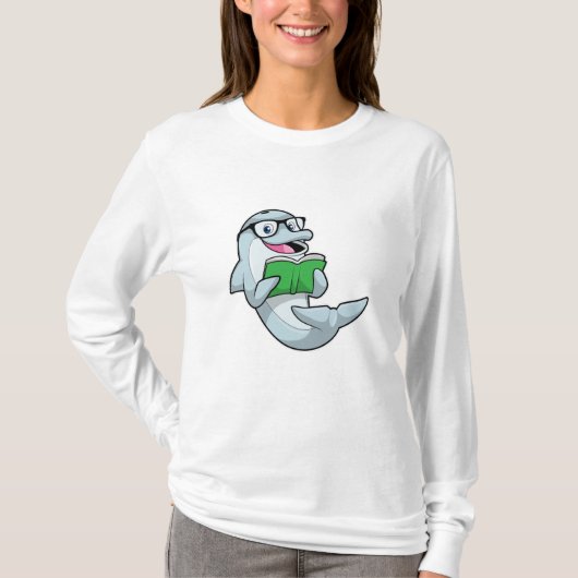 Dolphin als Nerd met bril en boek T-shirt (Voorkant)