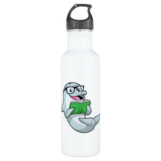 Dolphin als Nerd met bril en boek Waterfles (Voorkant)