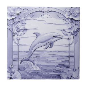 Dolphin Art Nouveau Faux Relief Blauw & Wit Rechts Tegeltje