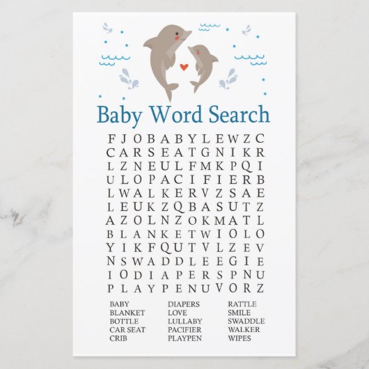 Dolphin Baby shower Word Search Game (Voorkant)