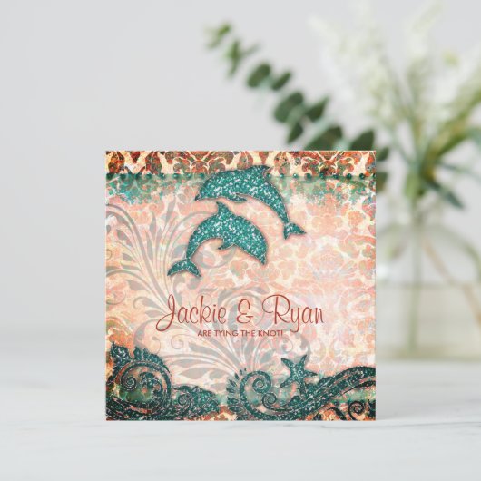 Dolphin Beach bruiloft Blauwgroen Kaart (Staand voorkant)