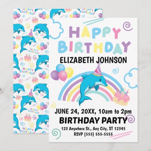 Dolphin Birthday Invitation in White Kaart (Voorkant / Achterkant)