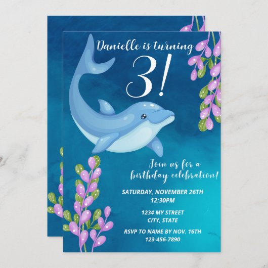 Dolphin Birthday Invitation Kaart (Voorkant / Achterkant)