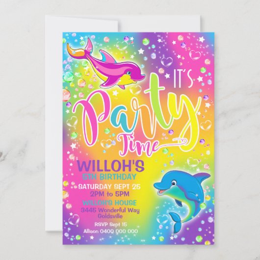 Dolphin Birthday Invitation Rainbow Dolphin Invite Kaart (Voorkant)