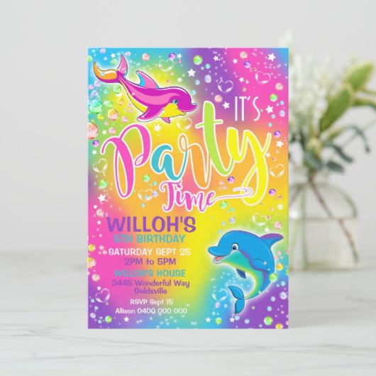 Dolphin Birthday Invitation Rainbow Dolphin Invite Kaart (Staand voorkant)
