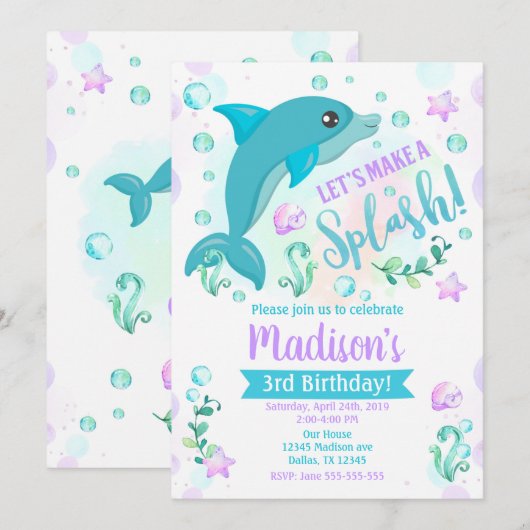 Dolphin Birthday Invitation / Swimming Pool Party Kaart (Voorkant / Achterkant)
