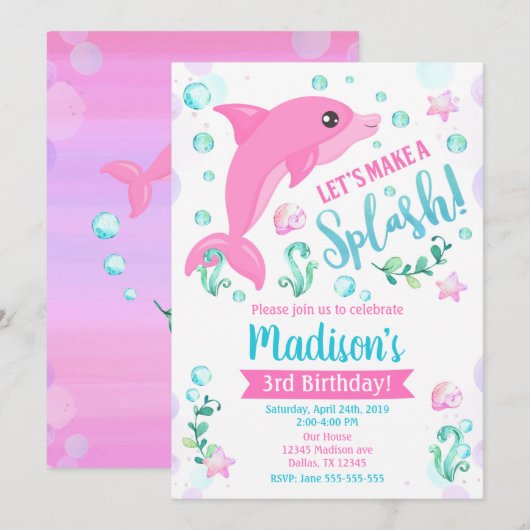 Dolphin Birthday Invitation / Swimming Pool Party Kaart (Voorkant / Achterkant)