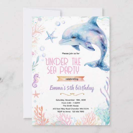 Dolphin birthday theme party invitation kaart (Voorkant)