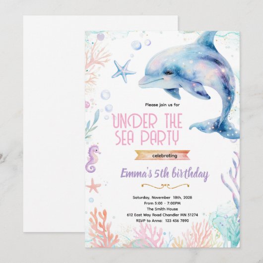 Dolphin birthday theme party invitation kaart (Voorkant / Achterkant)
