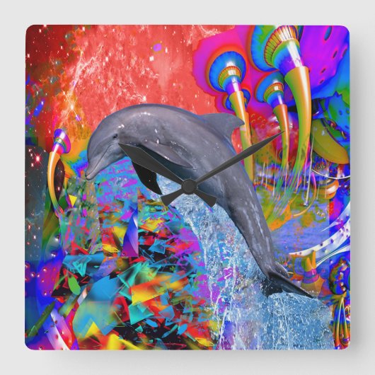 Dolphin Color Splash Vierkante Klok (Voorkant)
