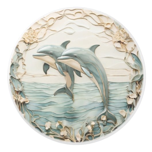 Dolphin Couple Art Nouveau Faux Relief links tegen Keramische Knop (Voorkant)