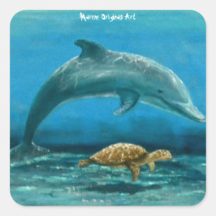 Dolphin en Turtle zwemmen samen! Vierkante Sticker