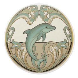 Dolphin Green Cream & Gold Art Deco Nouveau Ocean Keramische Knop