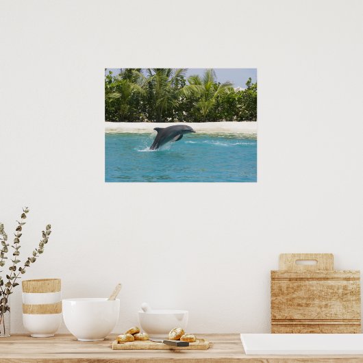 Dolphin Jumping Tropical Beach Poster (Keuken)
