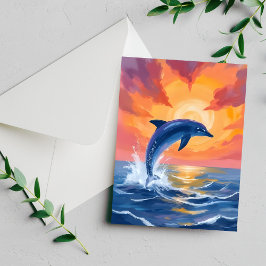 Dolphin Leap Sunset Watercolor Ocean Painted Card