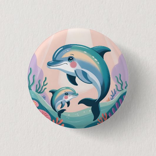 Dolphin Mom and Baby Ronde Button 3,2 Cm (Voorkant)