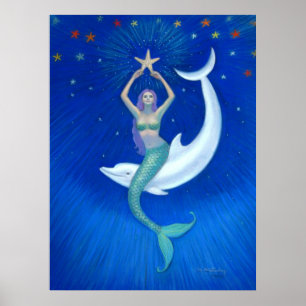 Dolphin Moon Mermaid fantasy art Poster