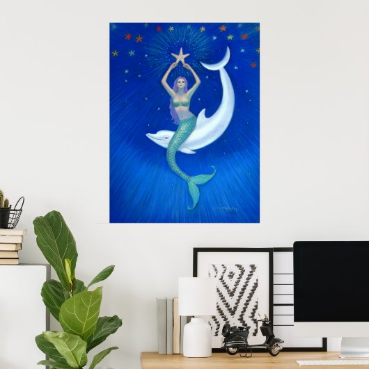 Dolphin Moon Mermaid fantasy art Poster (Thuiskantoor)