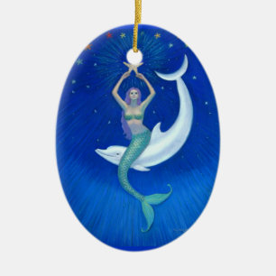 Dolphin Moon Mermaid Oval Kerstversiering Keramisch Ornament