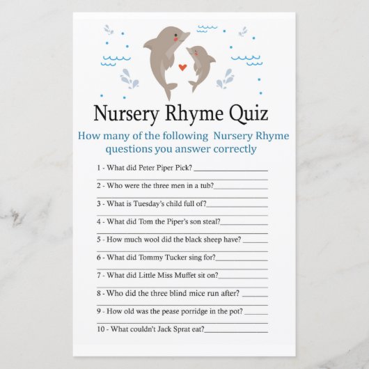 Dolphin Nursery Rhyme Quiz baby shower game (Voorkant)